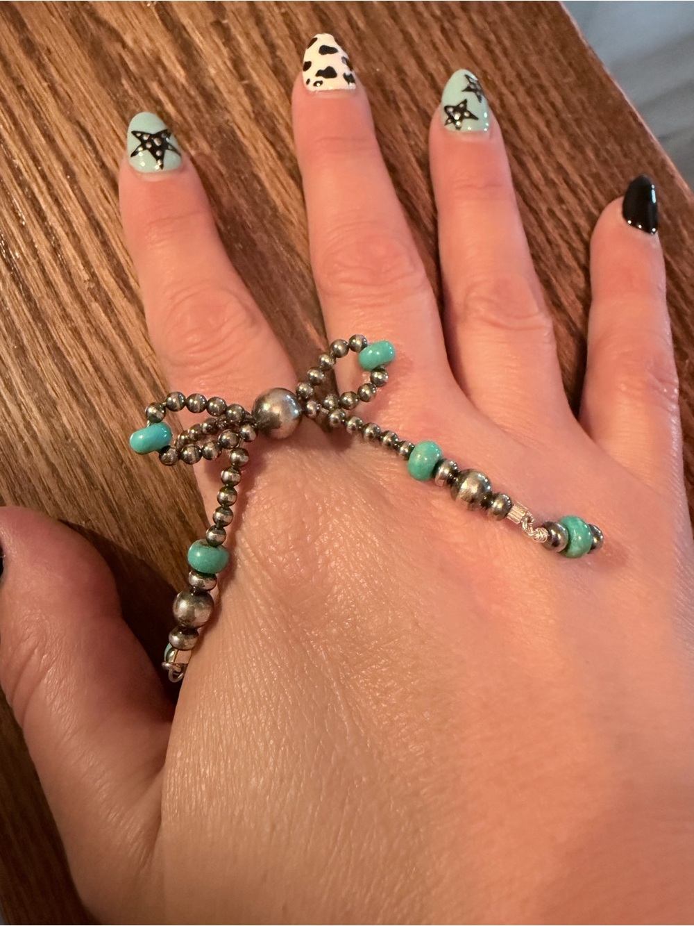 Turquoise Bead Stretchy Silver-Tone Ring - Women - Picture 2 of 2